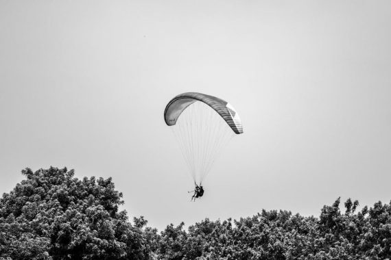 A paraglider gracefully glides above the lush trees in Lima, Peru, under a cloudless sky.
